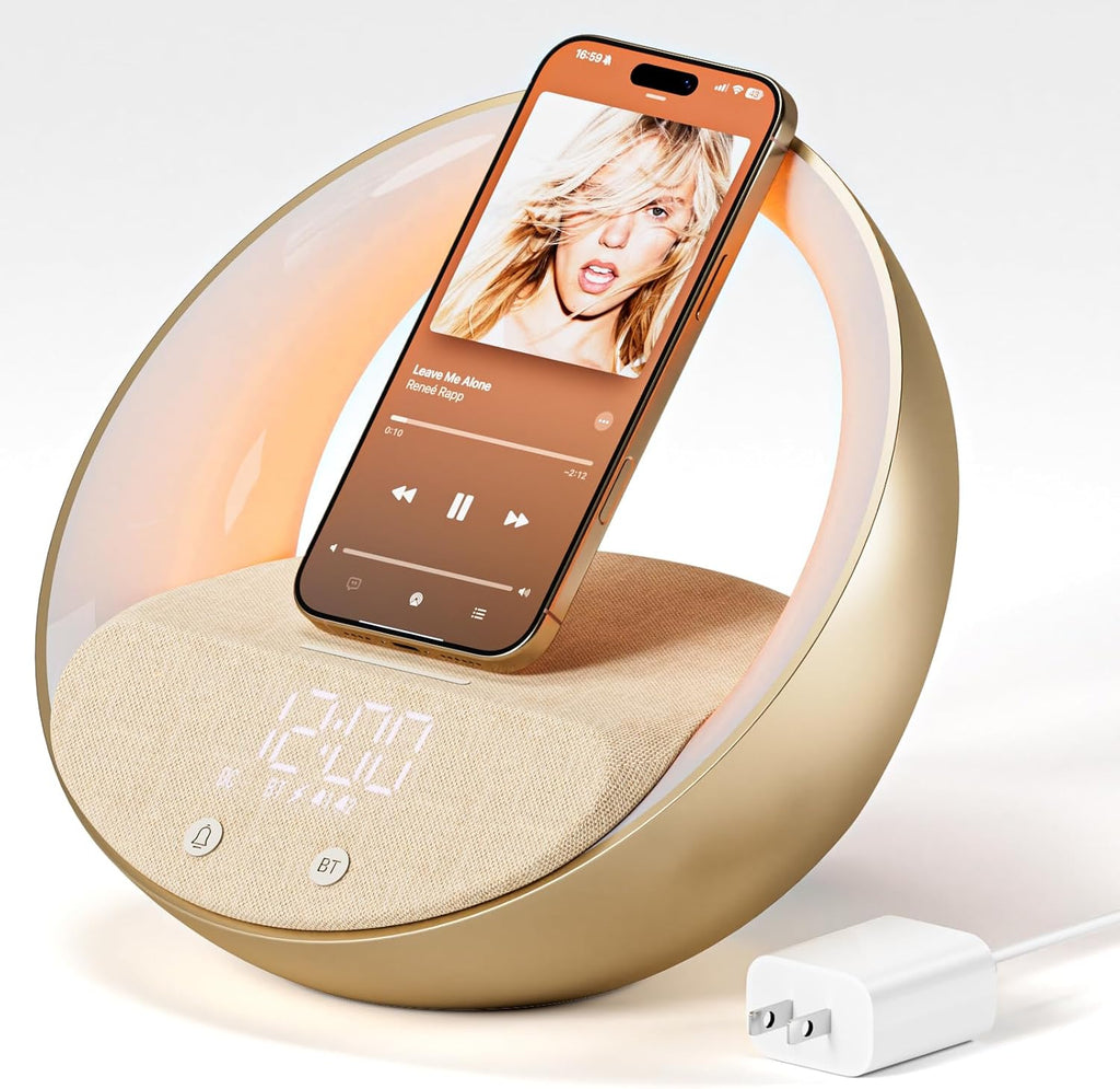 FUNFOR Bluetooth Speaker with Wireless Charger, Sunrise Simulation Wake Up Night Light, 18W Fast Wireless Charging for Bedroom, Adjustable LED RGB Mode 12/24H Sleep Aid Snooze (Gold)