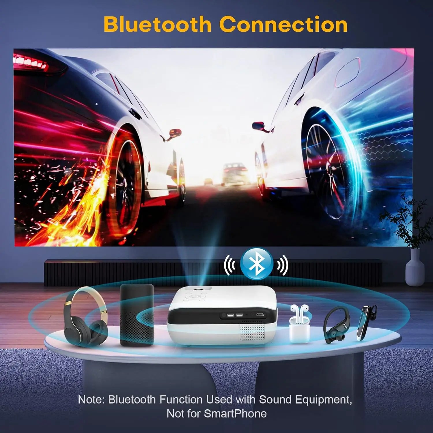 HOPVISION Projector, Full HD 1080P Projector, Bluetooth Projector 4K Supported, Portable Mini Projector Home Cinema, Home/Outdoor Projector Compatible with Smartphone/HDMI/USB/AV/Fire Stick/PS5