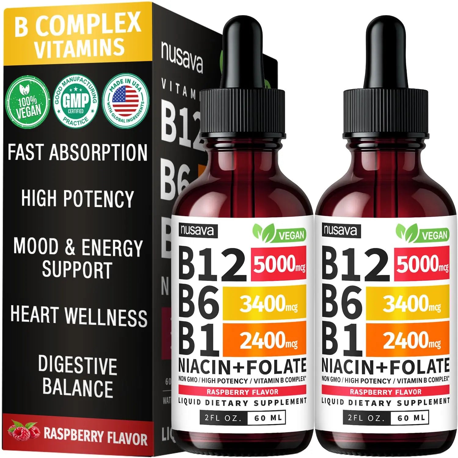 (2 Pack) Vitamin B12 and B6 Liquid Drops, B12 Sublingual Vitamin B Complex - B 12 Vitamin 5000mcg - B12 Methylcobalamin for Energy, Brain, Heart Support with 27,200 mcg, Crimson Orange, 80 Servings