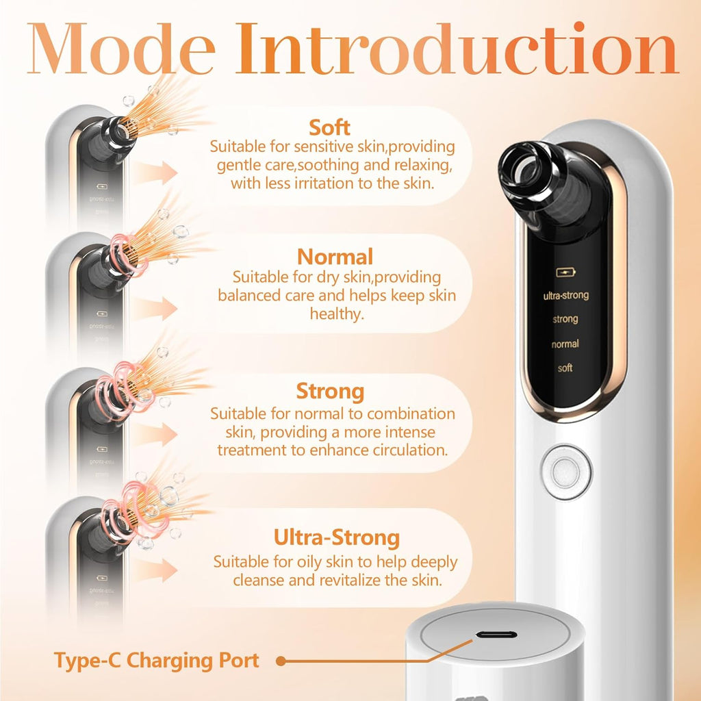 Yccu Professional Blackhead Aspirator, Electric Blackhead for Facial Cleansing and Pore Removal, Pimples and Impurities Suction with 4 Heads and 4 Suction Modes, Blackhead Remover Vacuum