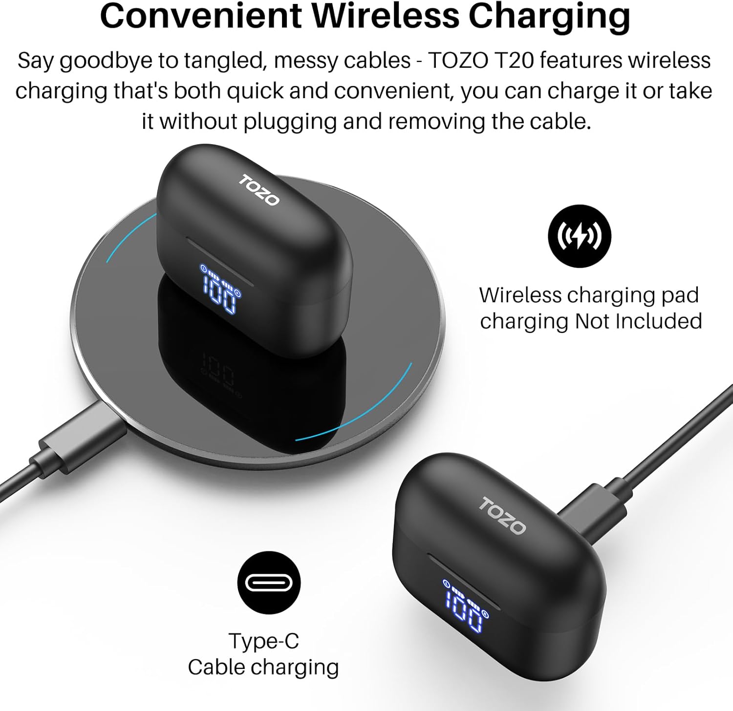 TOZO T20 Wireless Earbuds, Bluetooth Earphones 48.5 Hrs Playtime with LED Digital Display, IPX8 Waterproof, Dual Mic Call Noise Cancelling, 10mm Broad Range Speakers (In-Ear, Black)