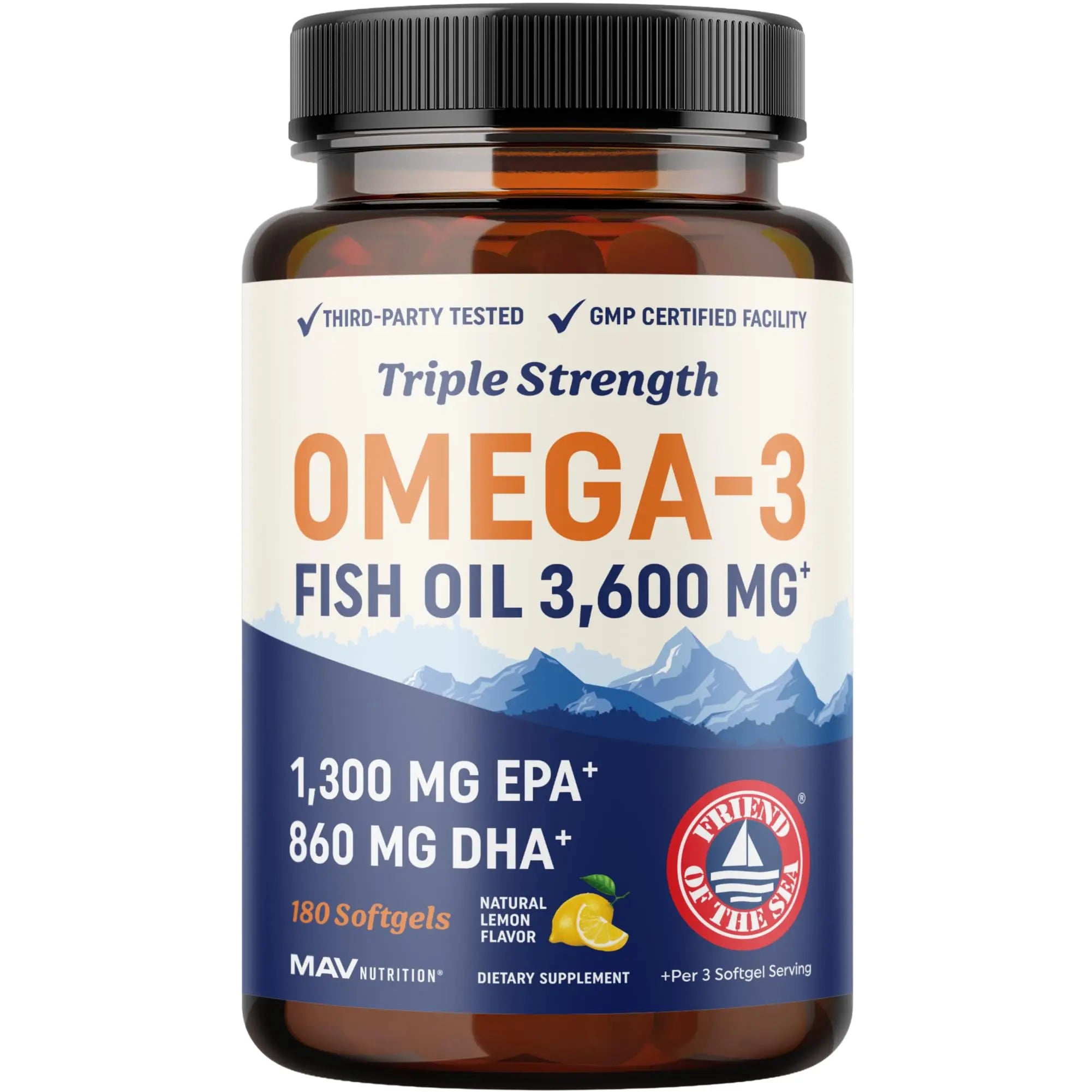 Triple Strength Omega 3 Fish Oil 3600 mg | EPA & DHA | Over 2100mg Omega-3 Fatty Acids | 1300mg EPA + 860mg DHA | Best Essential Fatty Acids | Premium Wild Caught & Burpless Fish Oil | 120 Ct