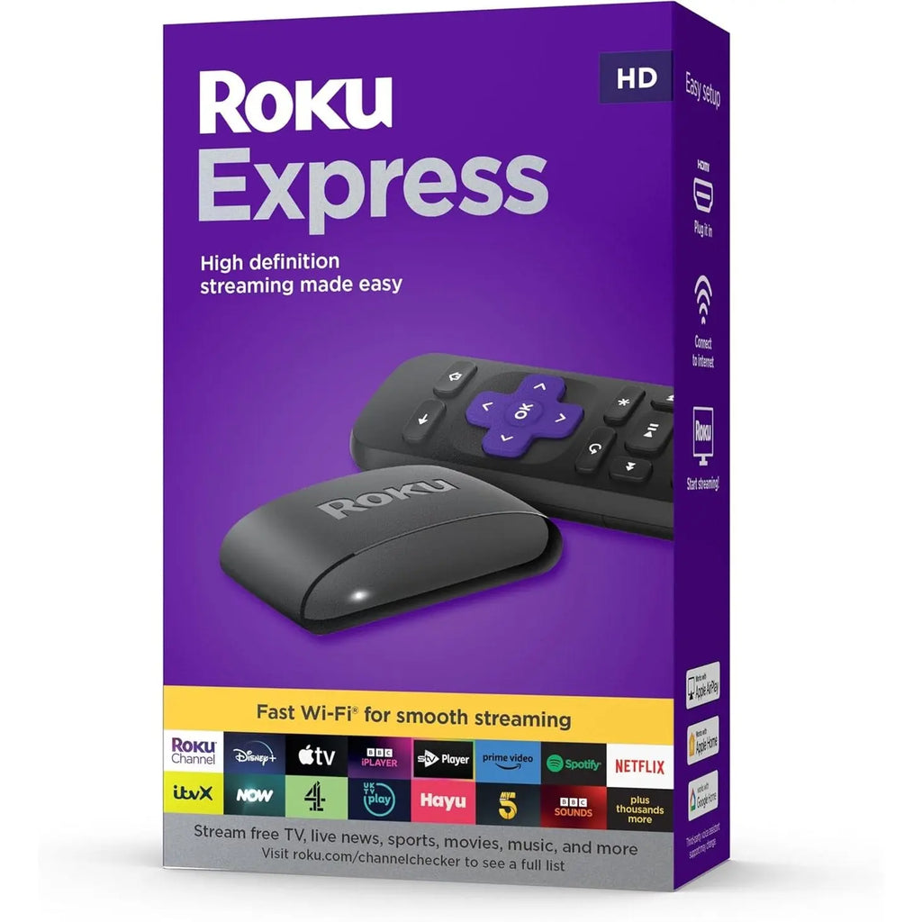 Purple Roku Express HD streaming device box with included accessories and app logos