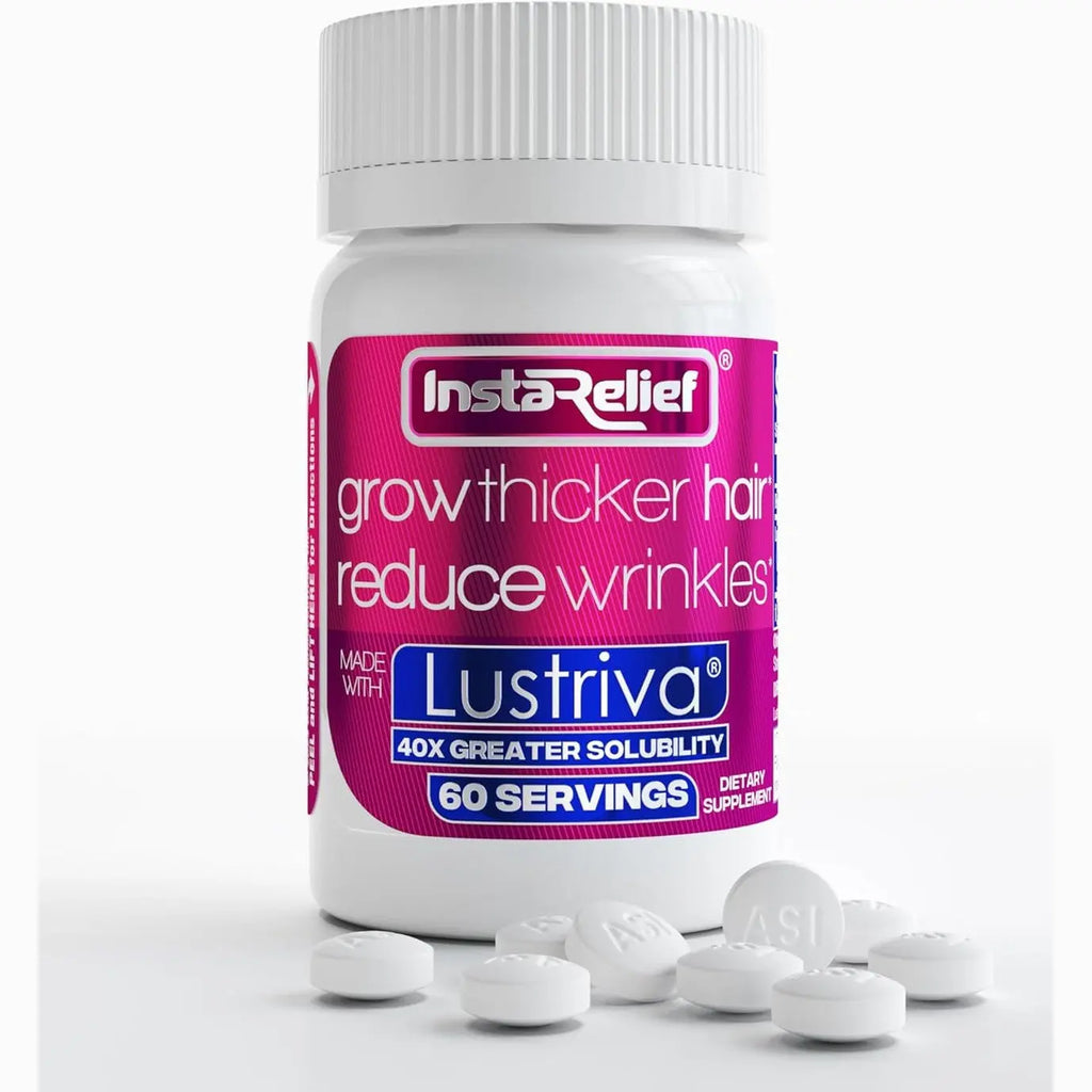 InstaRelief® Hair Growth with Lustriva® - Clinically Shown to Grow Thicker, Healthier Hair in 3 Weeks, Reduce Wrinkles and Fine Lines, with Biotin, Silicon, and Arginine, 60 Tablets