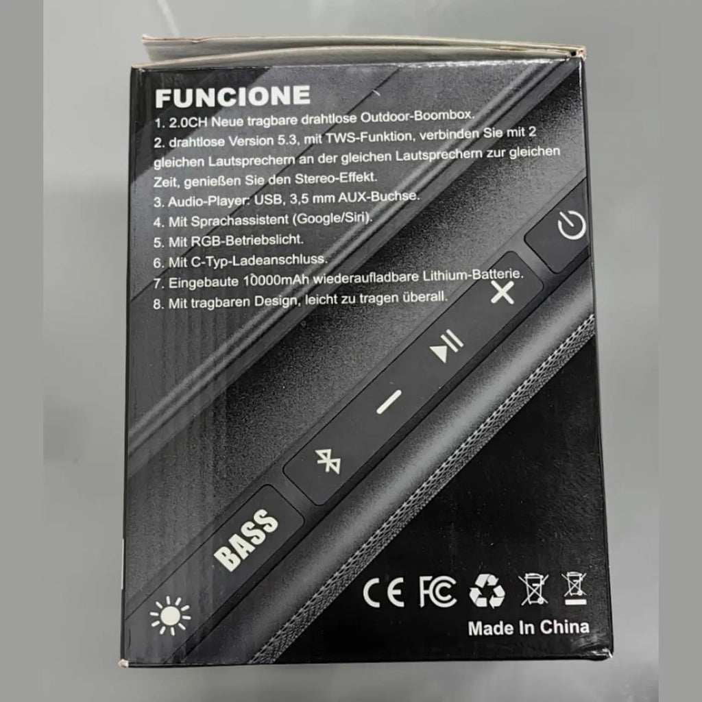 Back of AKONE speaker box showing control panel buttons and multilingual features