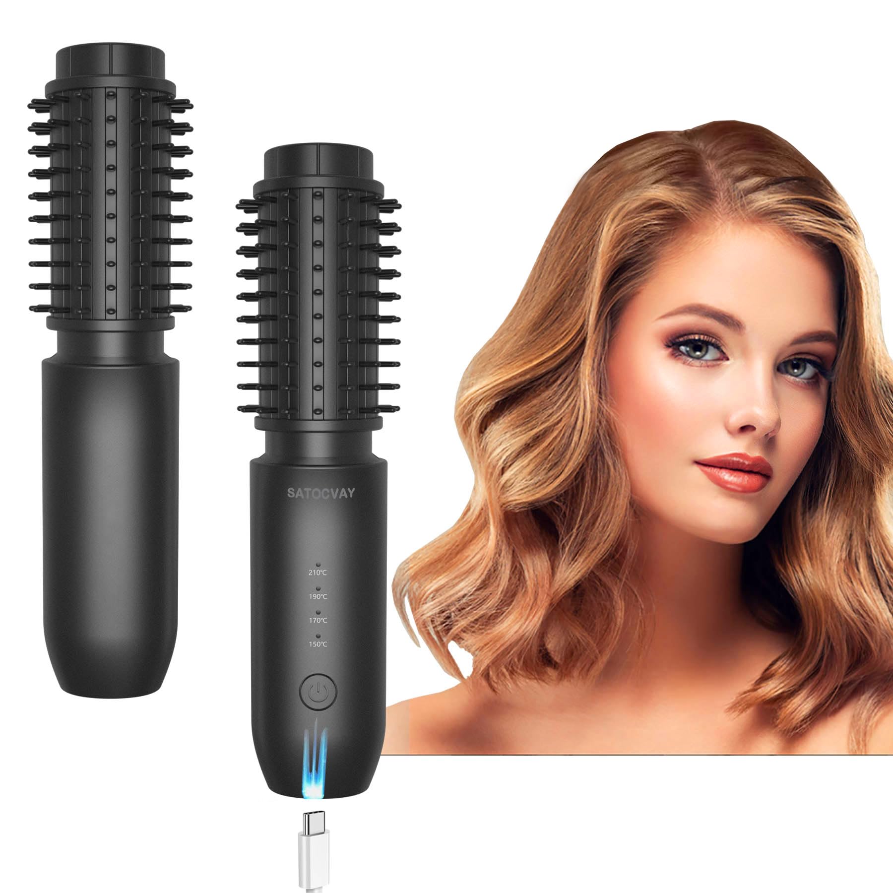 Cordless Curling Brush, Rechargeable Curling Iron Brush for Curl/Straighten Hair, Round Heated Brush with Negative Ionic, Mini Hot Comb Portable Travel Hair Curler for Women Hair Styling, Purple