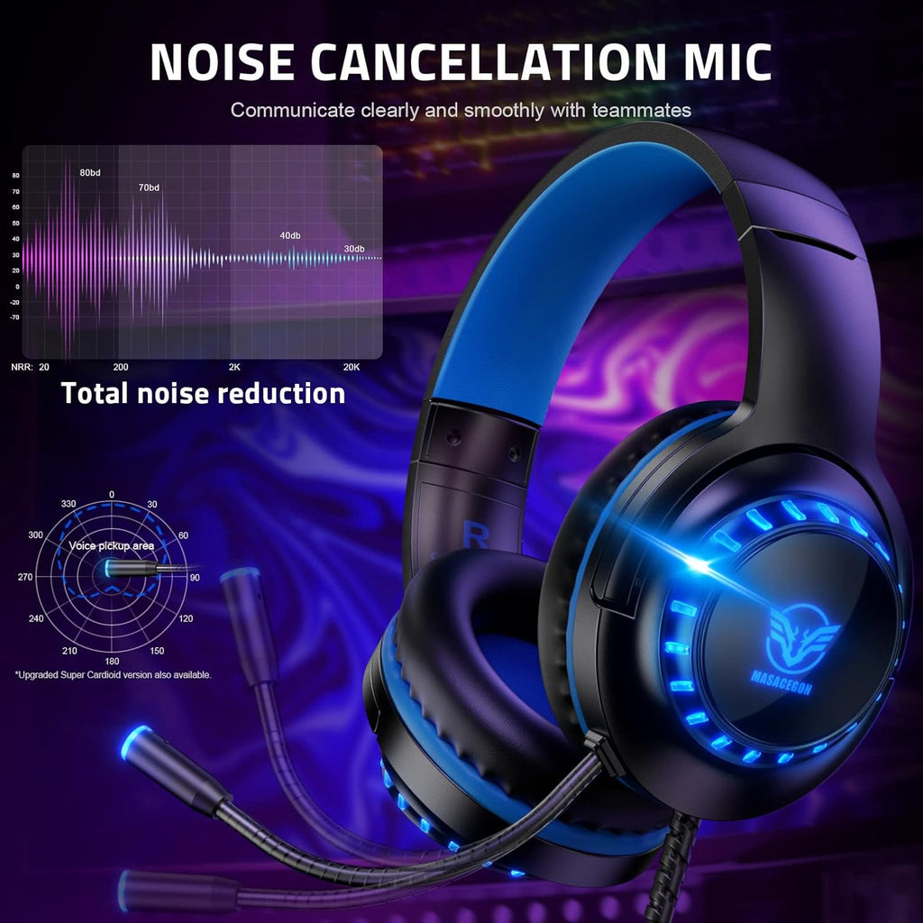 Pacrate Headset for PS4 PC Xbox One S/X Switch Controller & PC Laptop Mac, Noise Cancelling Over-Ear Headphones with Microphone, LED Light (Black, Blue)