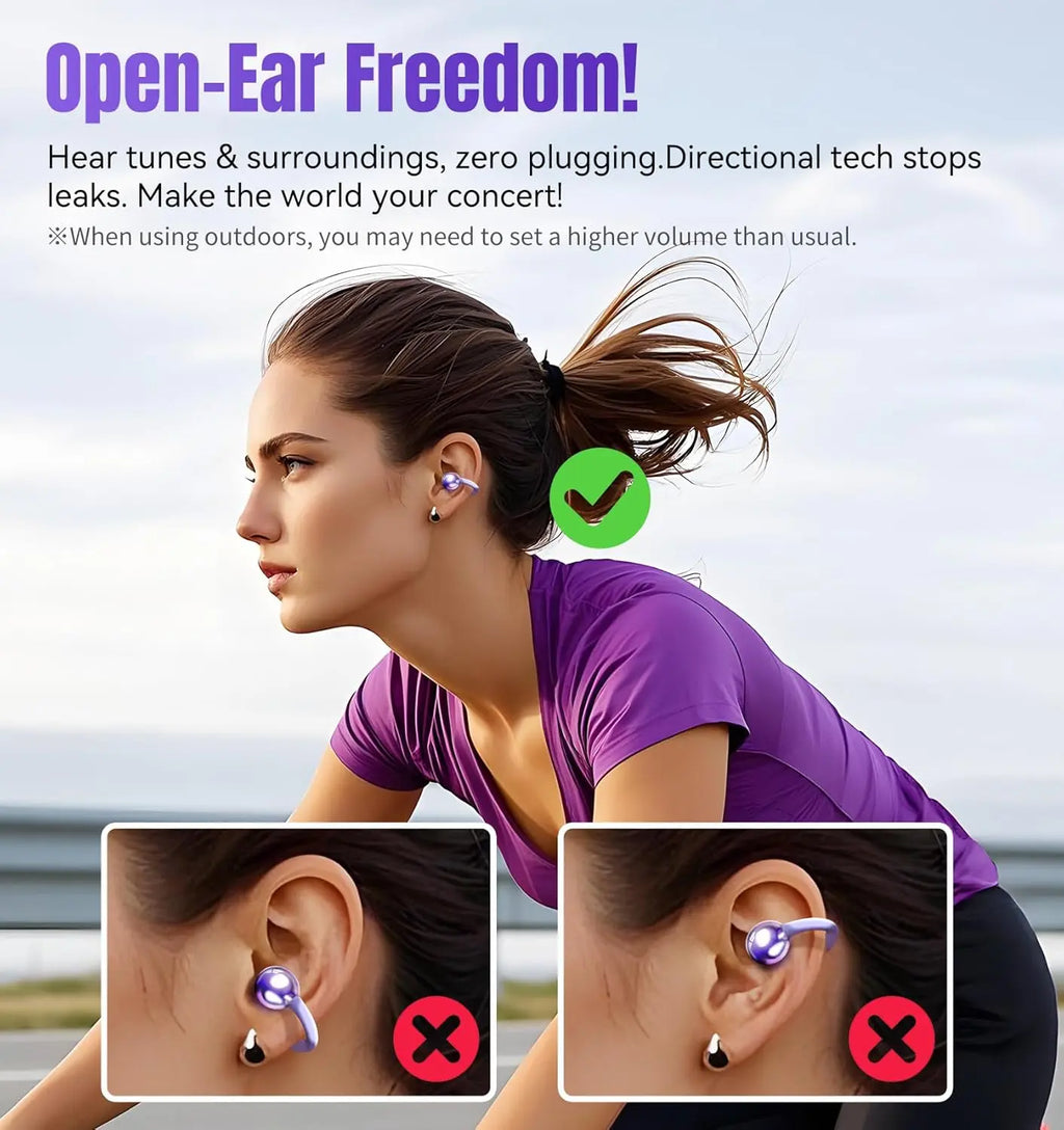 King Lucky Clip on Earbuds Open Ear Wireless Bluetooth 5.4 Headphones with Mic,50H Playtime,Noise Cancelling,Waterproof,Sports Ear Buds,Comfortable for Small Ears & Glasses Wearers,for Workouts,Purple