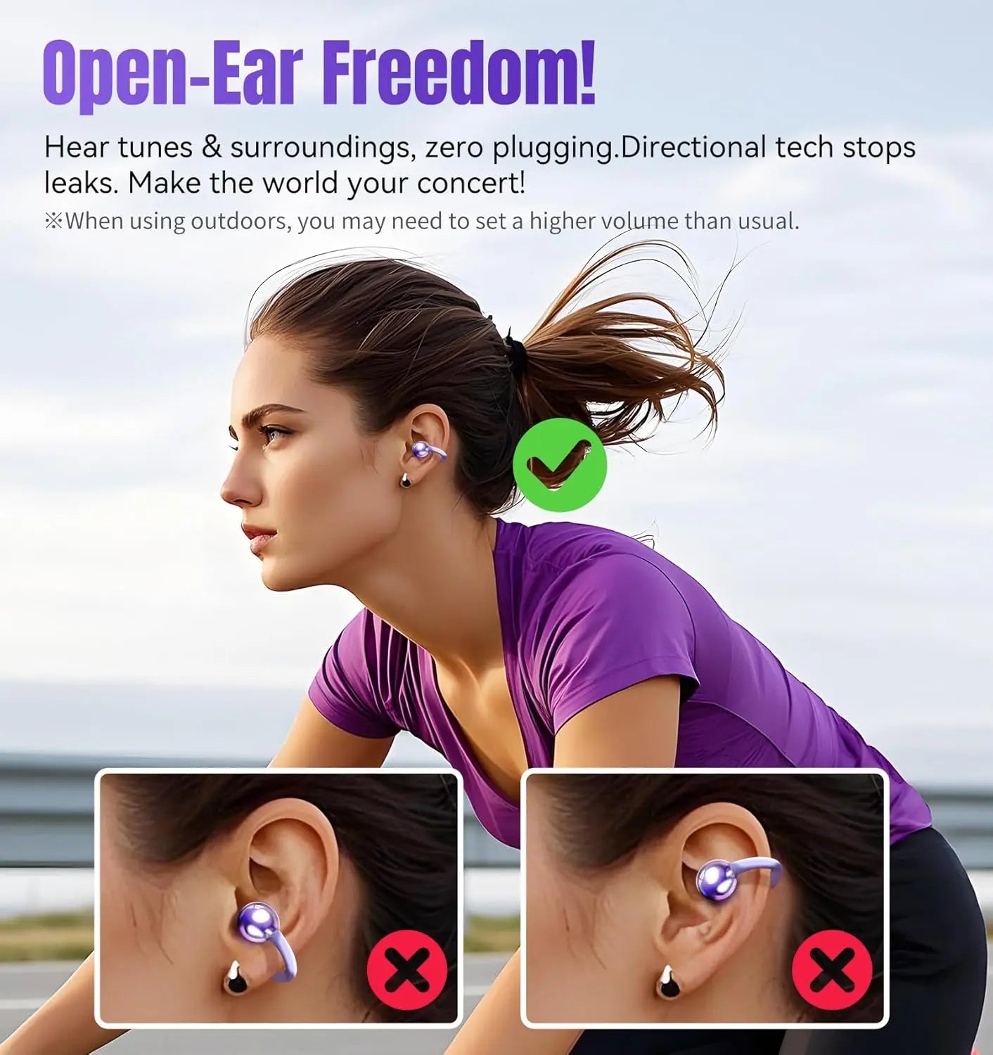 King Lucky Clip on Earbuds Open Ear Wireless Bluetooth 5.4 Headphones with Mic,50H Playtime,Noise Cancelling,Waterproof,Sports Ear Buds,Comfortable for Small Ears & Glasses Wearers,for Workouts,Purple
