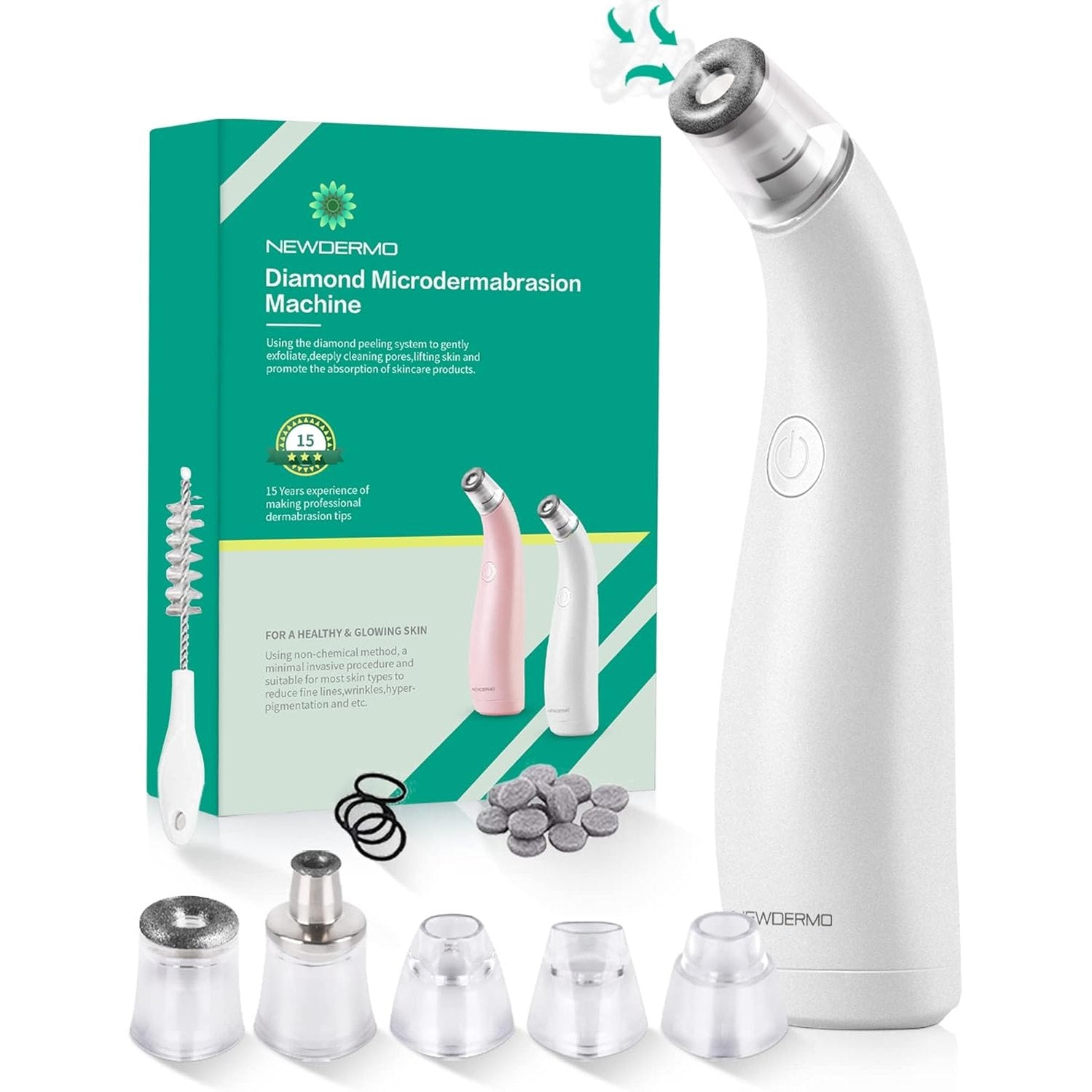 NEWDERMO 2-in-1 Microdermabrasion Machine for Facial, Diamond Microdermabrasion Device USB Rechargeable - Advanced Home Facial Treatment Machine (White)