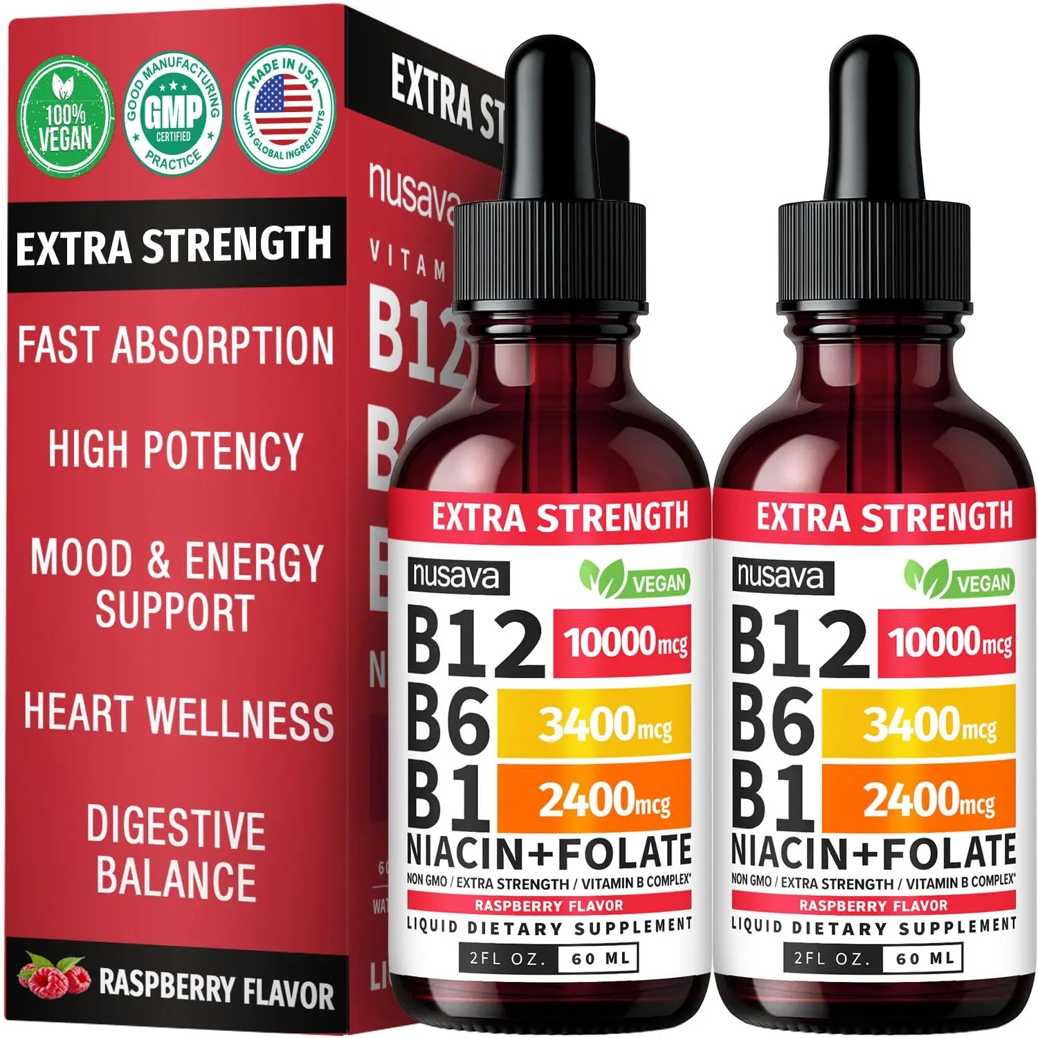 (2 Pack) Vitamin B12 and B6 Liquid Drops, B12 Sublingual Vitamin B Complex - B 12 Vitamin 5000mcg - B12 Methylcobalamin for Energy, Brain, Heart Support with 27,200 mcg, Crimson Orange, 80 Servings