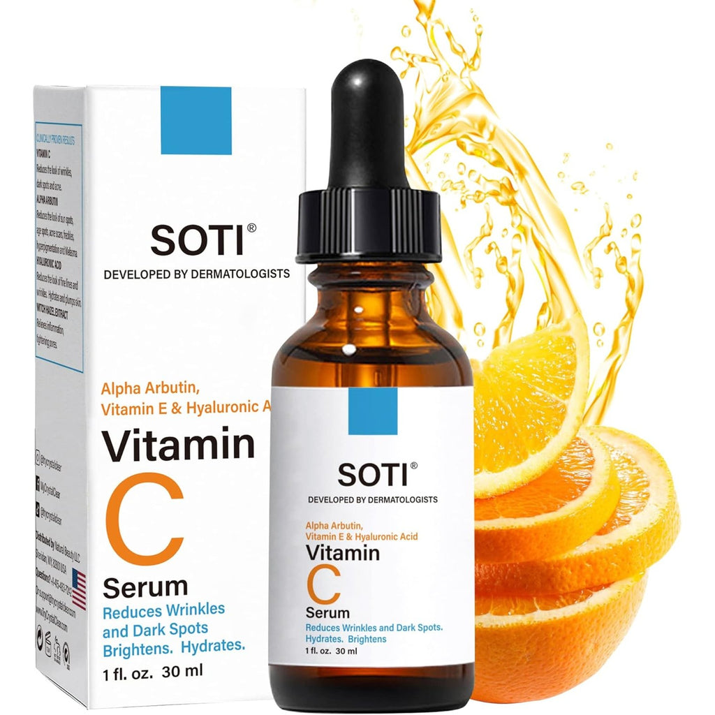 Vitamin C Face Serum 20%, Fades Dark Spots, Brightens Skin Tone, Restores Radiance, Anti-aging, Wrinkles & Acne with Hyaluronic Acid, Alpha Arbutin and Vitamin E 30ml Soti (Vitamin C)