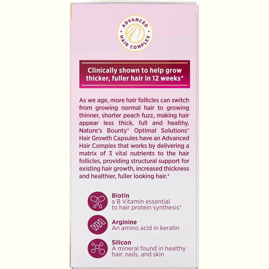 Nature's Bounty Optimal Solutions Hair Growth Supplement with Biotin, Hair Growth Vitamins with Biotin Silicon & Arginine, 1 Per Day, 30 Capsules, One Month Supply