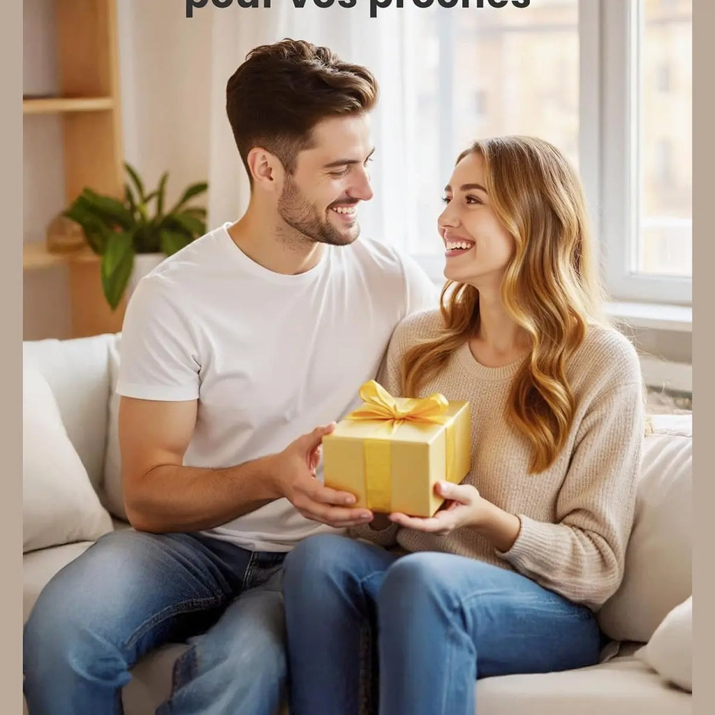 Couple receiving beige IPL hair removal device as a golden gift box