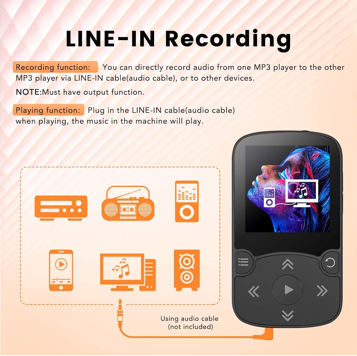 AGPTEK MP3 Player Bluetooth 5.3 Sport 64 GB with 1.5 Inch TFT Colour Screen, Mini Music Player with Clip, Supports up to 128 GB SD Card, Black