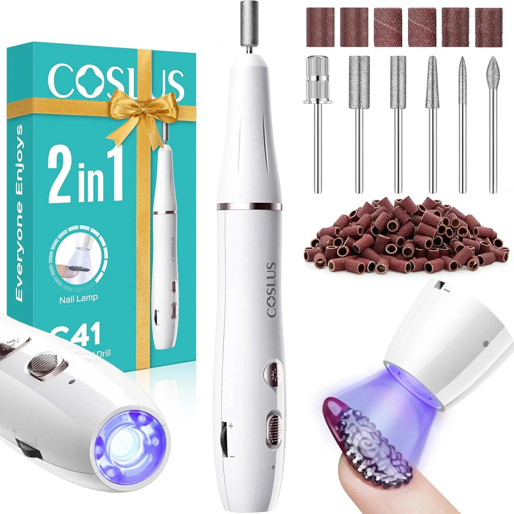 Cordless Nail Drill Electric File: COSLUS with Nail Lamp 2 in 1 Portable Nail Drill Machine Kit, Professional for Acrylic Gel Dip Powder Nails, Rechargeable Manicure Pedicure Tools Polish Set White