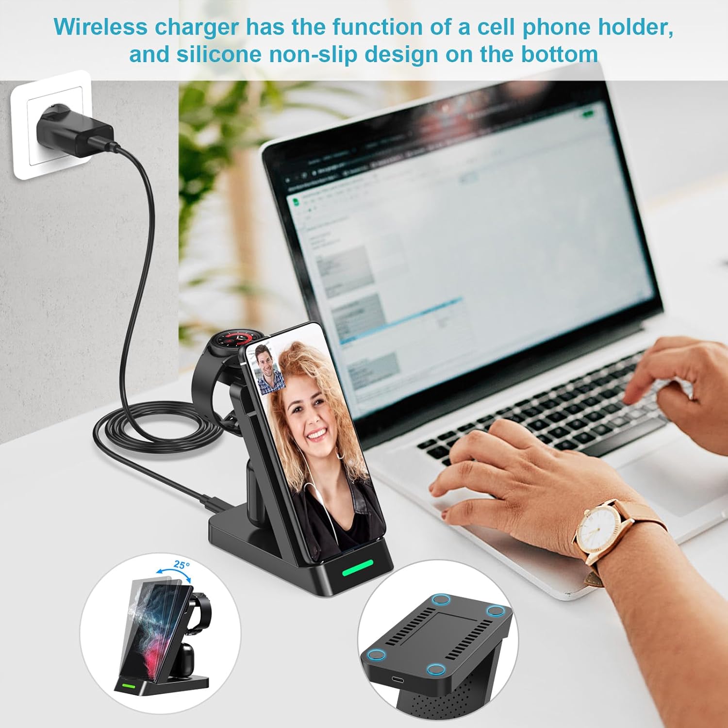 3 in 1 Charging Station for Samsung Watch and Mobile Phone, Wireless Charger for Samsung Galaxy Watch Ultra 7 6 5 Pro 4 3 Active 2 Buds+, Inductive Charging Station Mobile Phone Charger for Samsung