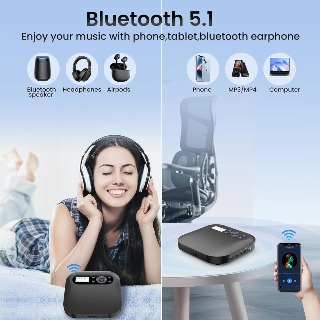 Arafuna CD Player Portable, Bluetooth CD Player with Speakers, 2000mAh Rechargeable CD Player FM Radio, Audio Music Player Support Headphones/USB/AUX