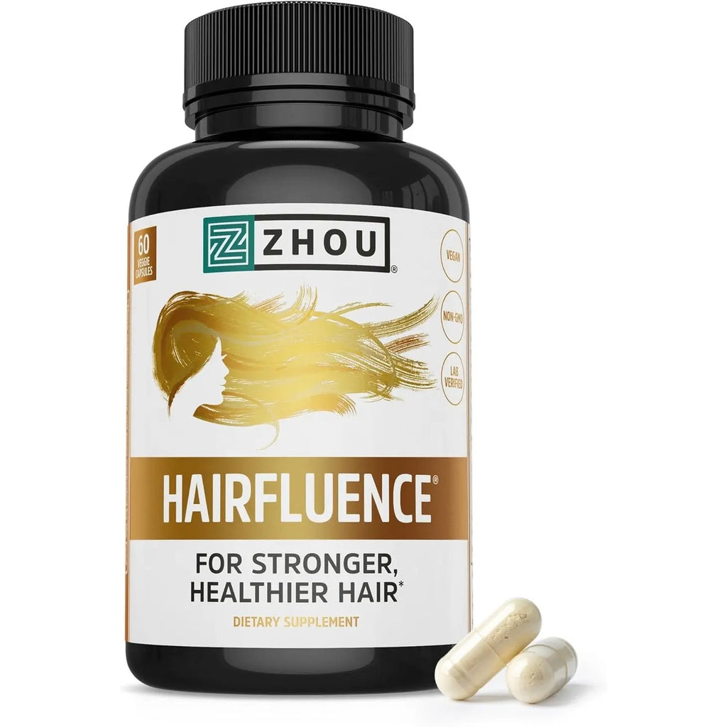 Zhou Hairfluence - Vegan Biotin Supplement for Hair Growth for Men & Women, Supports Stronger, Healthier Hair, Nails, & Glowing Skin with Lustriva & B Vitamin Complex - 60 Veggie Capsules (Pack of 1)