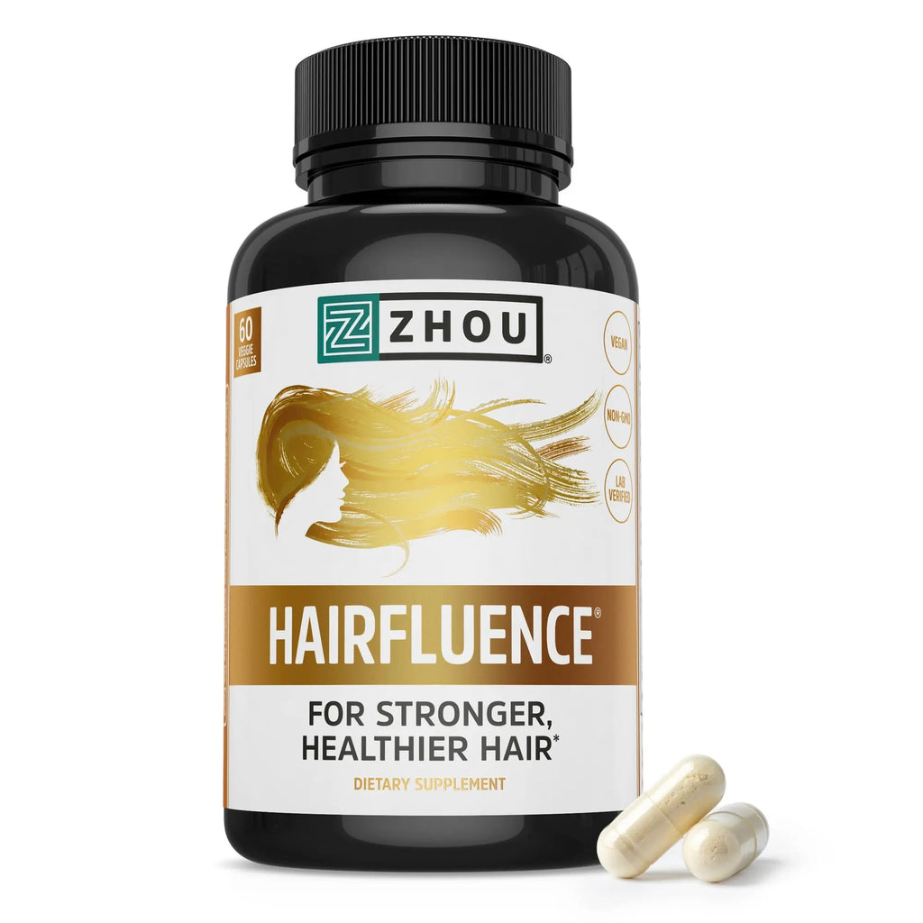Zhou Hairfluence - Vegan Biotin Supplement for Hair Growth for Men & Women, Supports Stronger, Healthier Hair, Nails, & Glowing Skin with Lustriva & B Vitamin Complex - 120 Veggie Capsules (Pack of 1)
