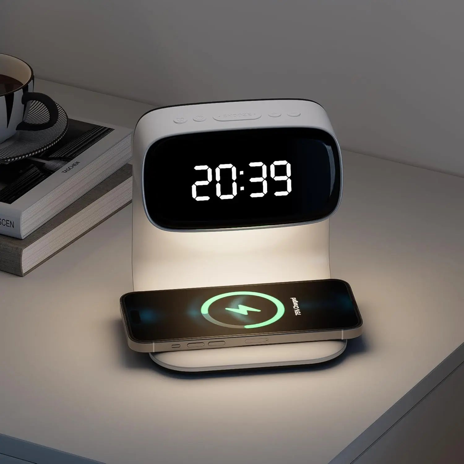 YIDPU Digital Alarm Clock with Wireless Fast Charging Station 15W Touch Smart Lamp for Bedside,3 Colors Nightlight Adjustment Night Lamp for Living Room,Bedside,Heavy Sleepers (White+Cable&Adapter)