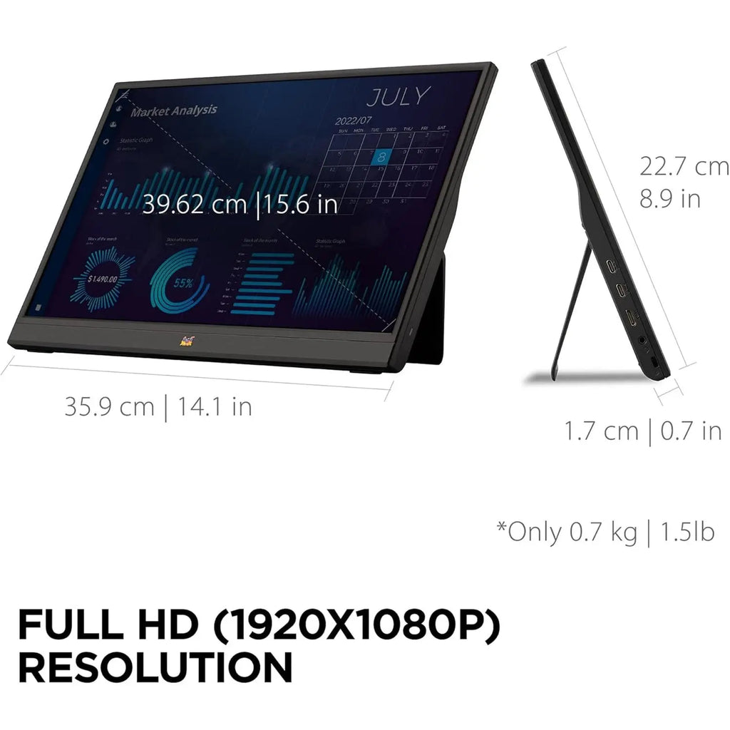 ViewSonic VA1655 15.6 Inch Portable Monitor (Full HD, IPS Panel, Mini HDMI, 2x USB-C for Raspberry Pi/Xbox/PS4/PS5, Speaker), Black