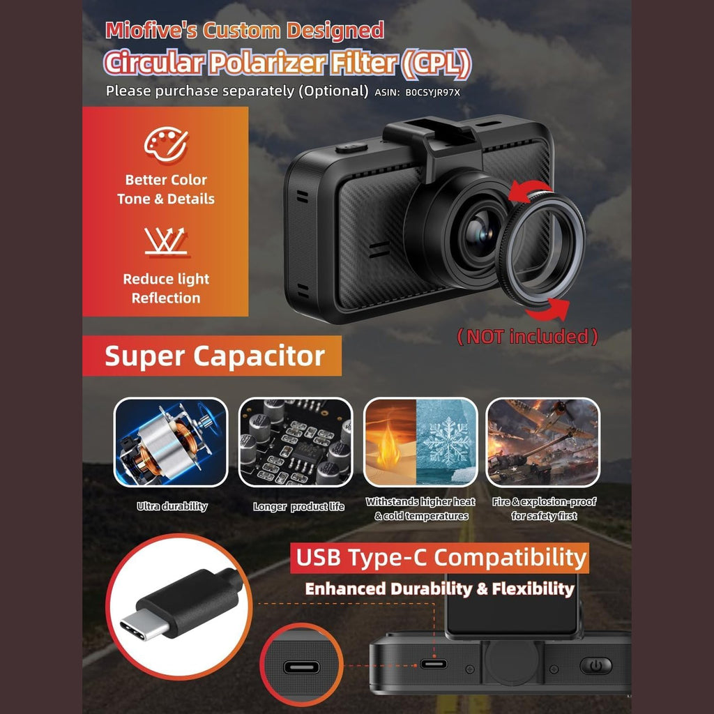 Miofive S1 Dash Cam, Built-in 5G Wi-Fi GPS Car Dashboard Camera Recorder, 2160P UHD 30fps Dashcam with APP, 3.0" IPS Screen, 140° Wide-Angle, WDR, Night Vision, 24H Parking Mode, Supports 512GB Max.