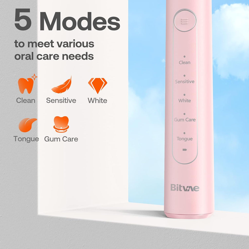 Bitvae R2 Rotating Electric Toothbrush for Adults with 8 Brush Heads, Travel Case, 5 Modes Rechargeable Power Toothbrush with Pressure Sensor, 3 Hours Fast Charge for 30 Days, Pink