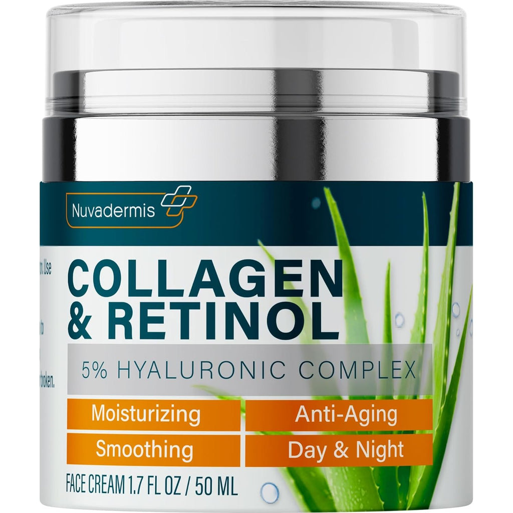NUVADERMIS Retinol Face Moisturizer - Collagen & Retinol Cream, 1.7 fl oz - Hydrating Firming Anti-Aging Face Lotion - Night Cream for Sensitive Skin - Resveratrol & Hyaluronic Acid Daily Moisturizer