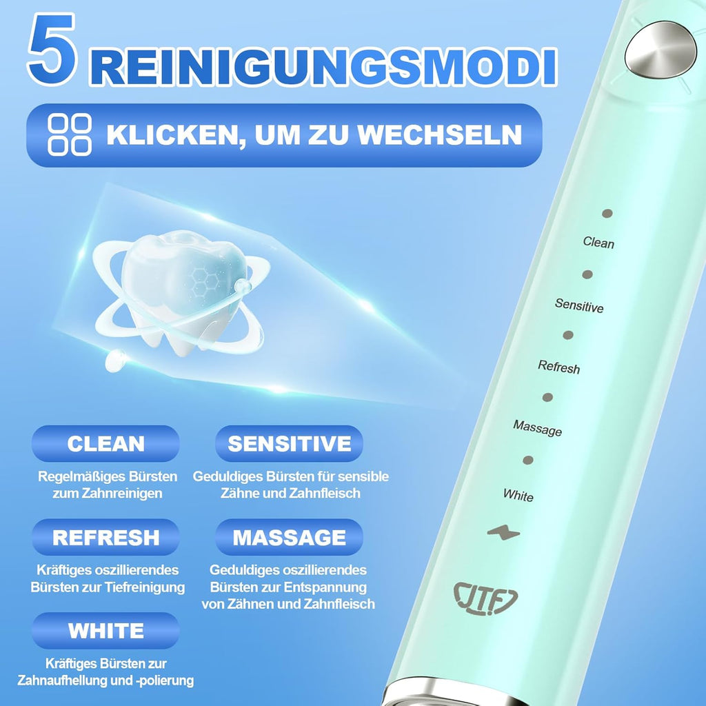 JTF Electric Toothbrush, Sonic Toothbrush with 6 Brush Heads, 40,000 VPM, 5 Modes, Electric Toothbrush with Travel Case, Endurance 60 Days, IPX7, 2 Minutes Smart Timer, Green
