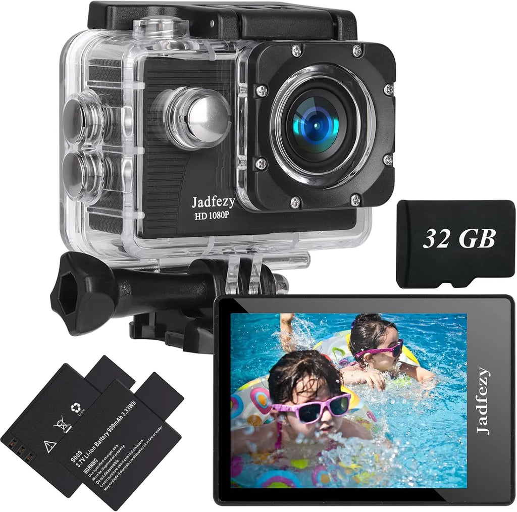Jadfezy HD 1080P action camera bundle with waterproof case spare battery and memory card