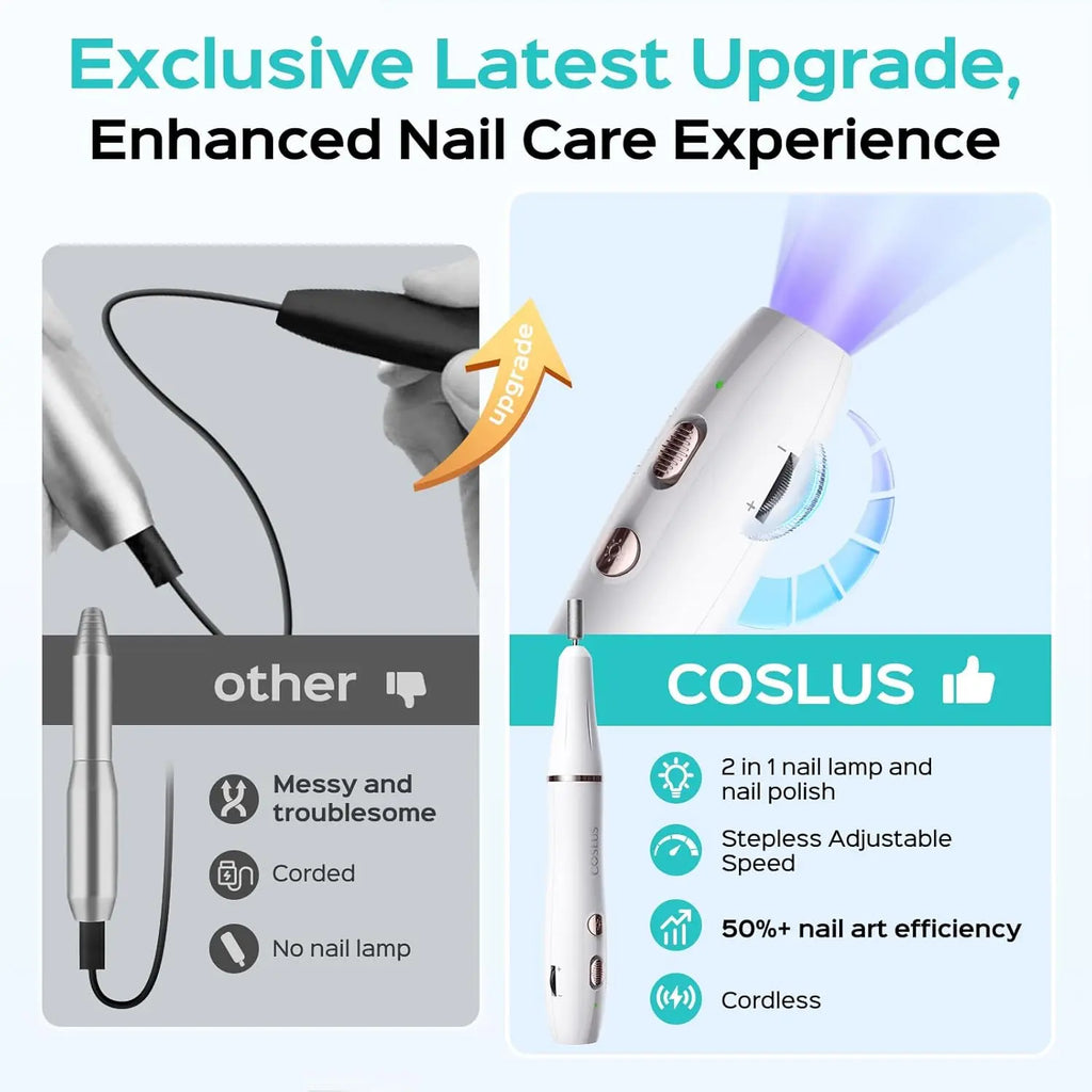 Cordless Nail Drill Electric File: COSLUS with Nail Lamp 2 in 1 Portable Nail Drill Machine Kit, Professional for Acrylic Gel Dip Powder Nails, Rechargeable Manicure Pedicure Tools Polish Set White