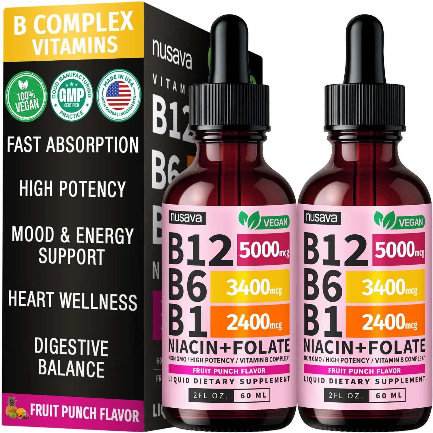 (2 Pack) Vitamin B12 and B6 Liquid Drops, B12 Sublingual Vitamin B Complex - B 12 Vitamin 5000mcg - B12 Methylcobalamin for Energy, Brain, Heart Support with 27,200 mcg, Crimson Orange, 80 Servings