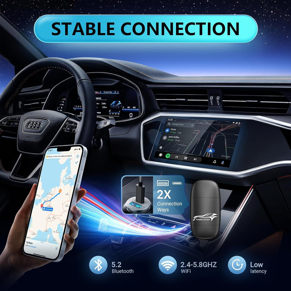 Wireless Carplay Adapter, 2025 Upgrade Converts Wired to Wireless Adapter for iPhone, Wireless Control Plug & Play Carplay for 2017+ Cars and for Apple iPhone iOS 10+