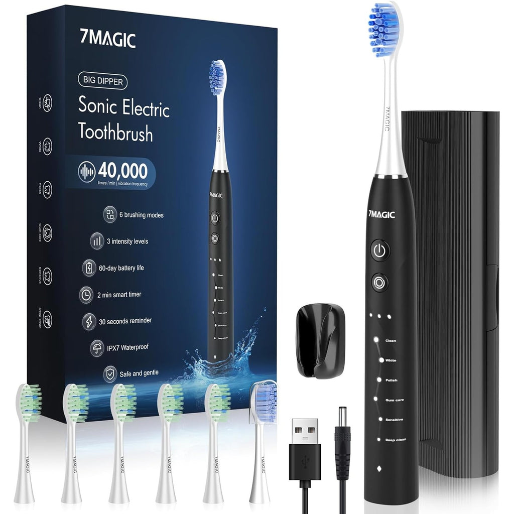 Electric Toothbrush, Sonic Toothbrush, Electric Toothbrush with 6 Modes, 3 Intensities, 40000VPM, IPX7, Toothbrush with 90 Days Battery Life and Timer, Black