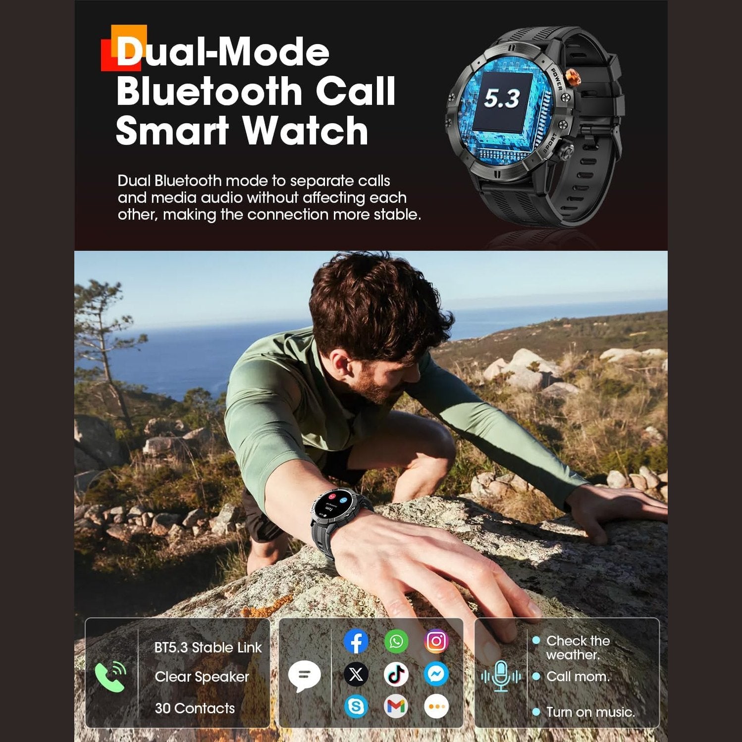 Smart Watches for Men, Bluetooth Call Military Smart Watch, Waterproof Fitness Tracker with Heart Rate/Blood Oxygen/Sleep Monitor/124 Sports Modes, Tactical Watch for Android Phones & iPhone (Black)