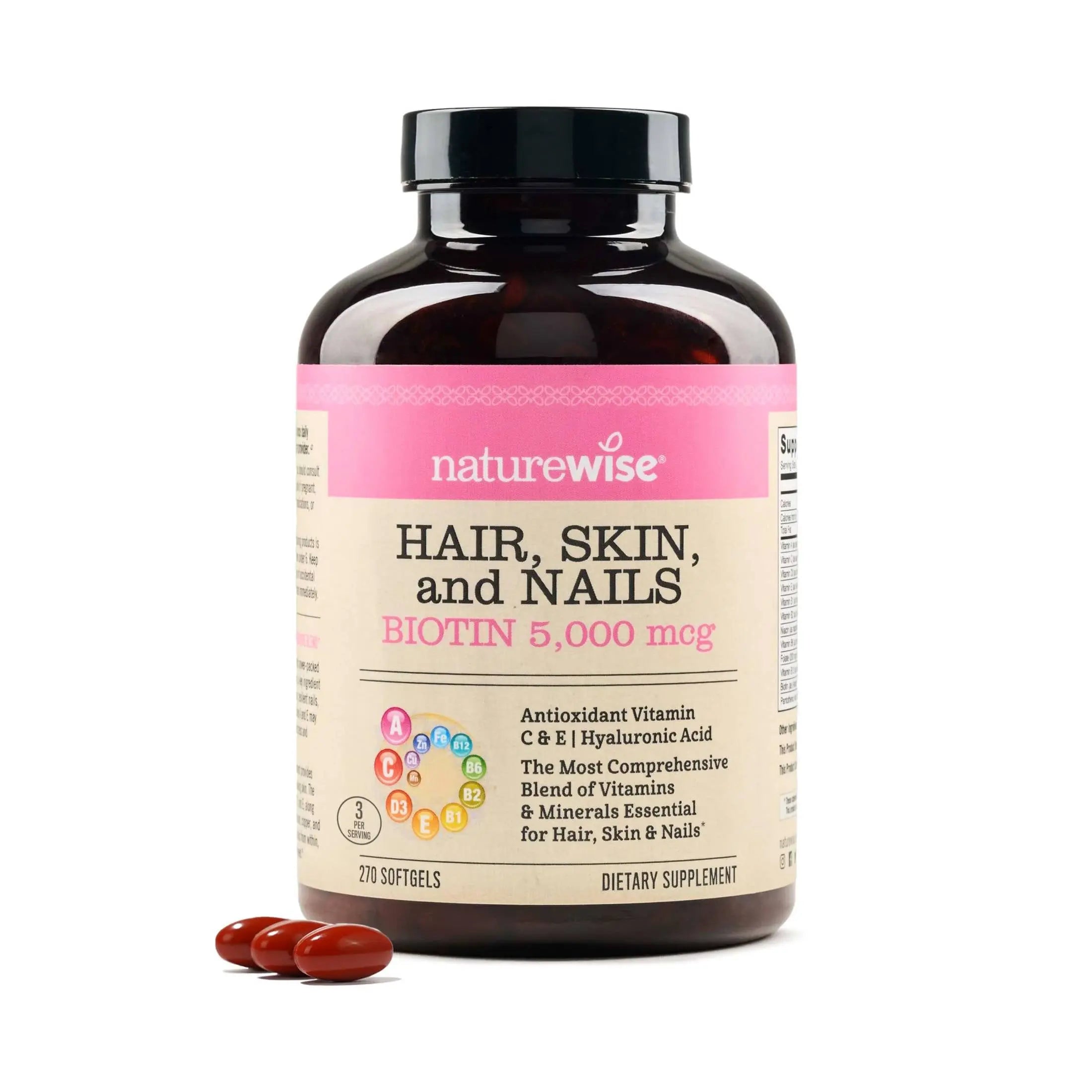NatureWise Hair Skin and Nails Vitamin, Biotin 5000mcg w/Hyaluronic Acid, Collagen for Women with C, B Complex, D3, A, E, Iron - Non-GMO, Gluten Free - 150 Softgels[50-Day Supply]