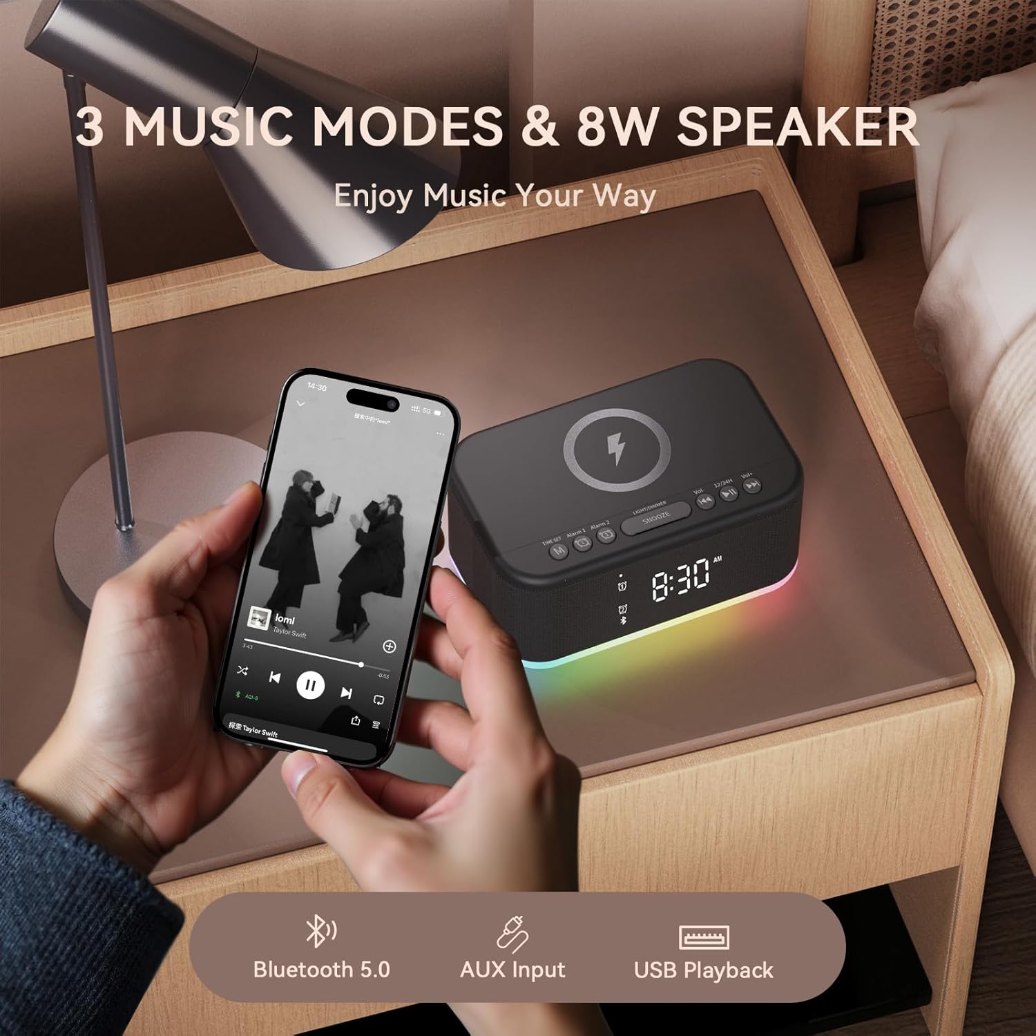 Wireless Charging Alarm Clock Bedroom, Loud Digital Alarm Clocks Bedrooms, Alarm Clock Night Light Speaker 8W Snooze Dual Alarm 12/24H Adjustable Brightness Dimmer Bluetooth, Black