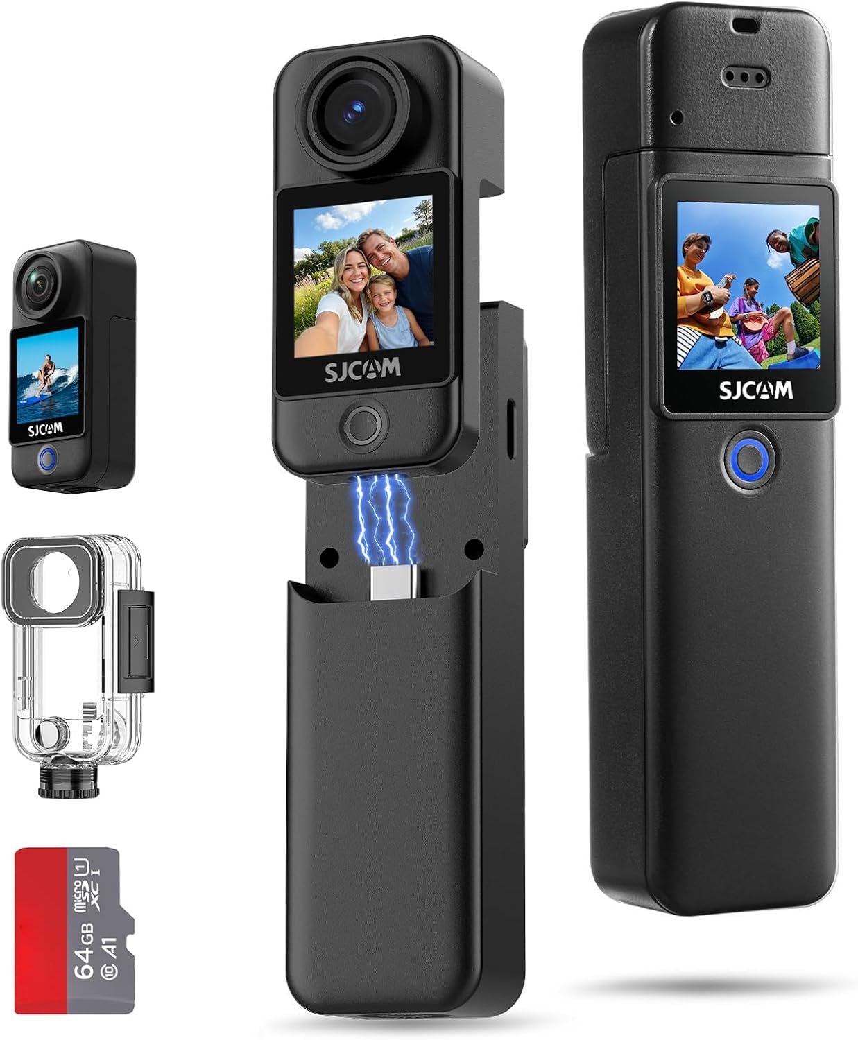 SJCAM C300 4K Action Camera,7H Power,Dual Touch Screen,170°FOV Pocket handheld camera,6-Axis Stabiization POV cam,8x Zoom Wearable Body Cam,3800mAh Vlogging Camera for Live Streaming,64G card,White