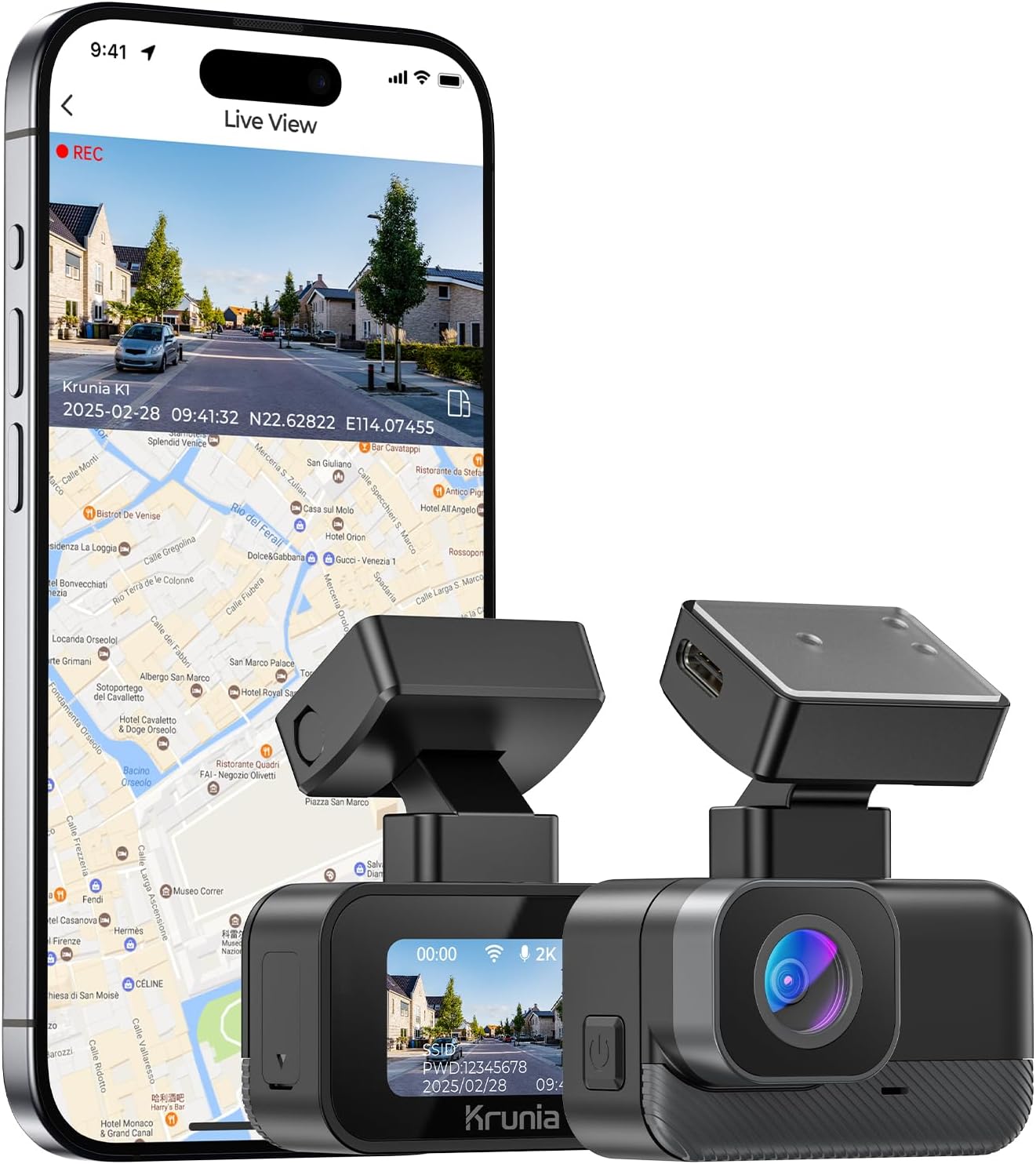 Krunia 2K WiFi Mini Dash Cam Car, Front Camera with App, CPL Support, External GPS, WDR Night Vision, 24 Hours Parking Monitoring, Magnetic Holder, Super Capacitor, 170° Wide Angle Camera