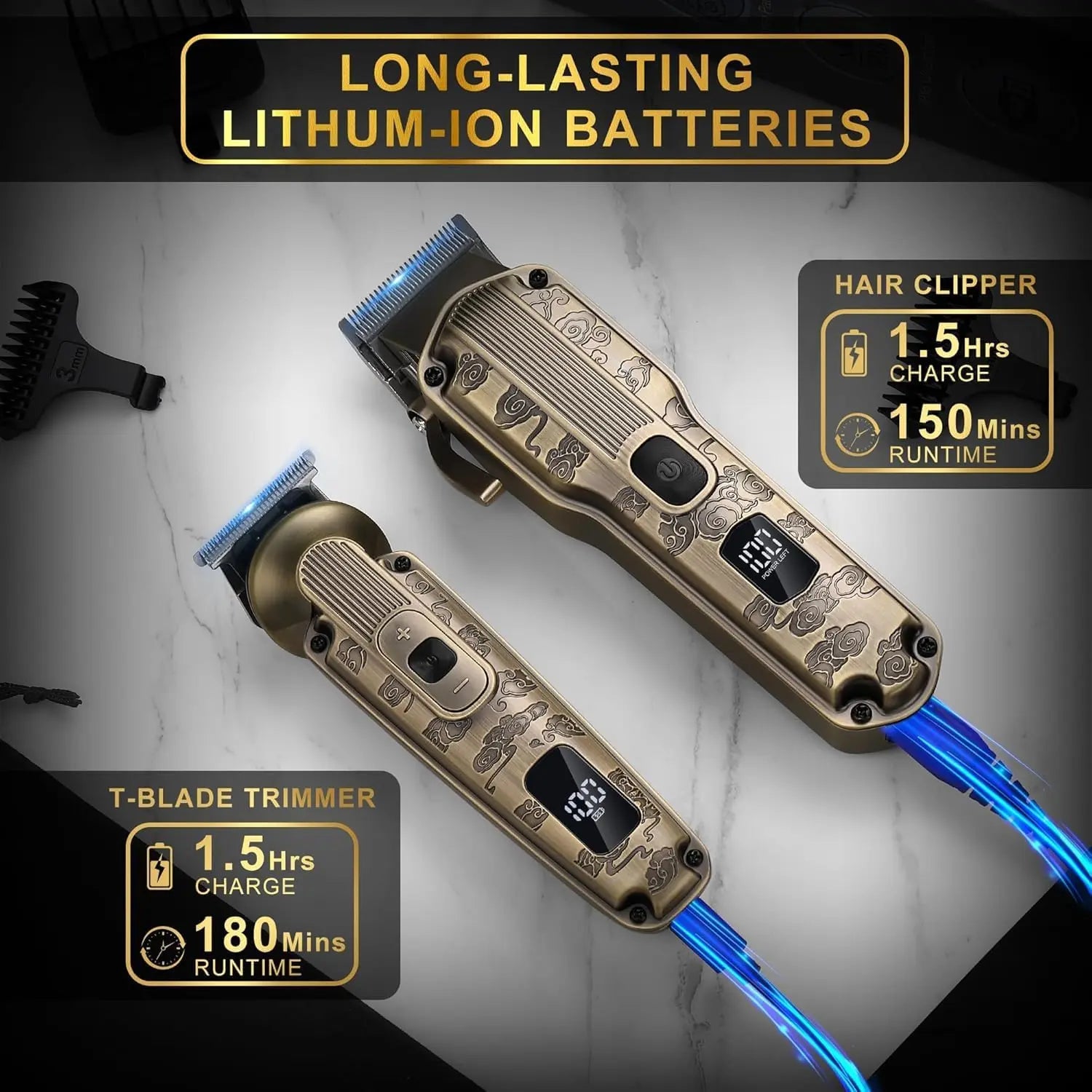 Bronze Scttomon cordless hair clipper and T-blade trimmer showing 150-minute runtime battery life