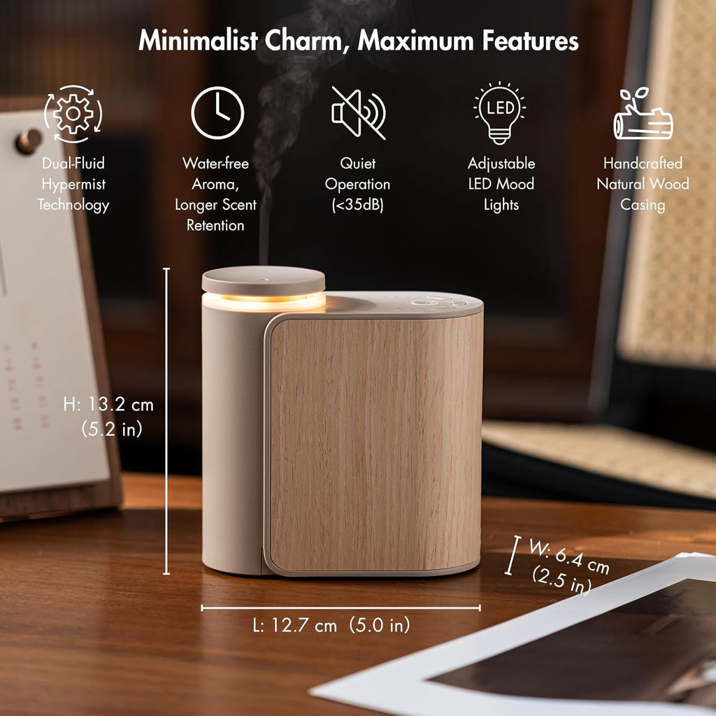 ZMARKRAFT® Waterless Essential Oil Diffuser w Solid Wood Cover 2 Timers 3 Mist Modes, Auto-Off Quiet Dual Fluid Aroma Diffuser, Portable Waterless Scent Diffuser w Lights, Room Decor Aromatherapy Gift