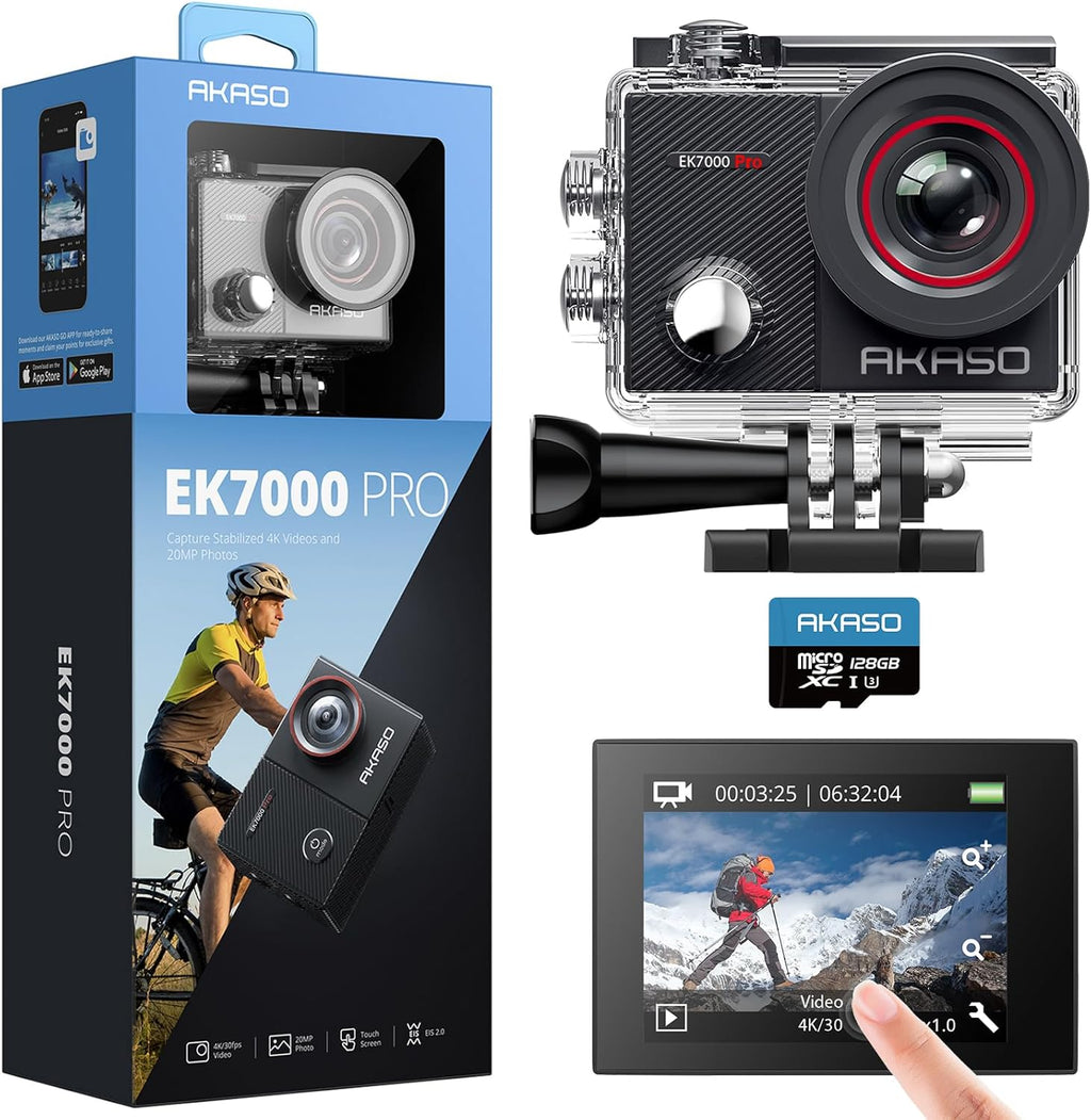 AKASO EK7000 Pro 4K Sports Camera with MicroSDXC Card 128GB, 20MP WiFi Action Sports Camera with Touch Screen, EIS Stabilizer, Remote Control, 170° Adjustable Angle, 40M Waterproof and 2 Batteries