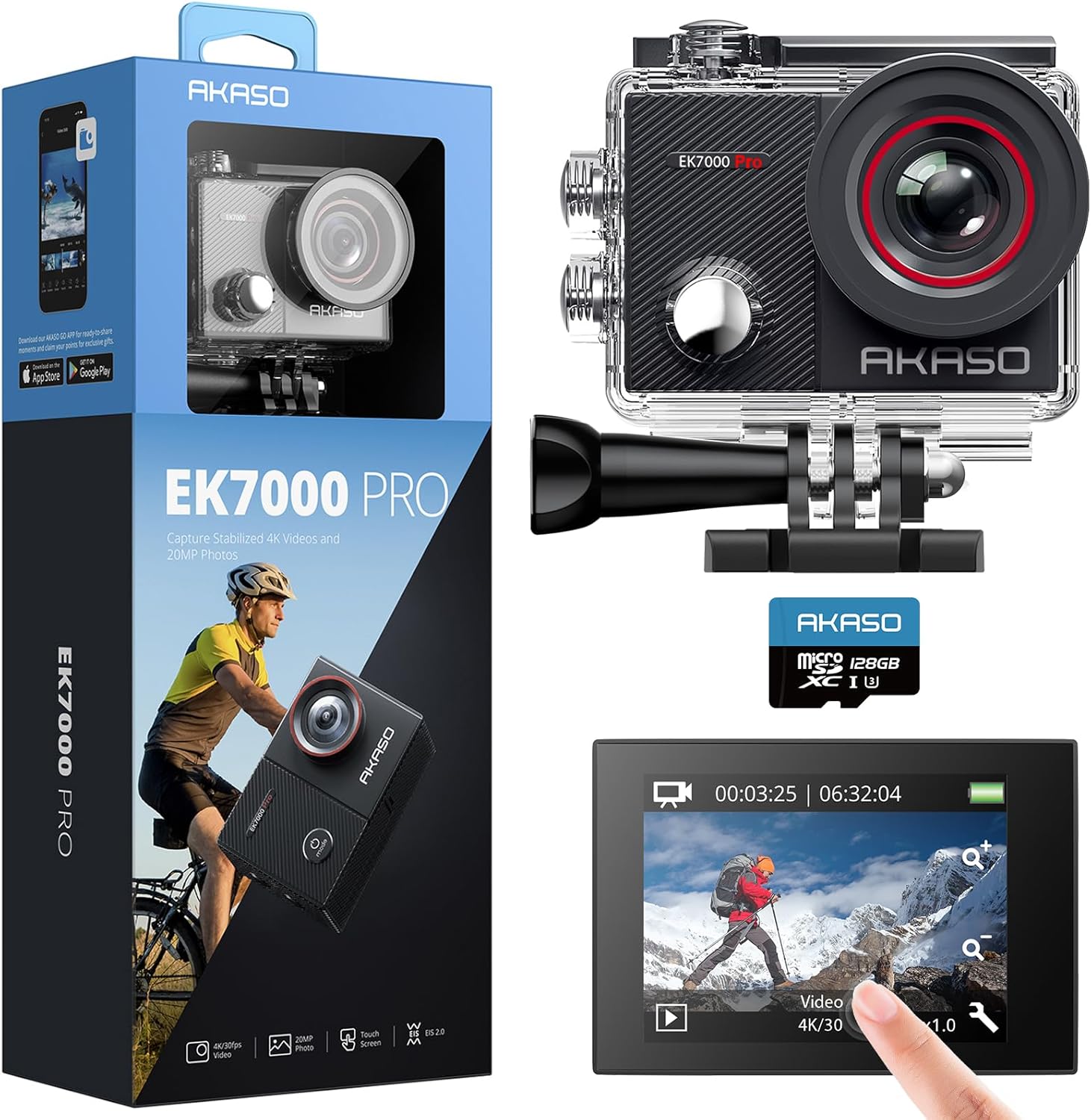 AKASO EK7000 Pro 4K Sports Camera with MicroSDXC Card 128GB, 20MP WiFi Action Sports Camera with Touch Screen, EIS Stabilizer, Remote Control, 170° Adjustable Angle, 40M Waterproof and 2 Batteries