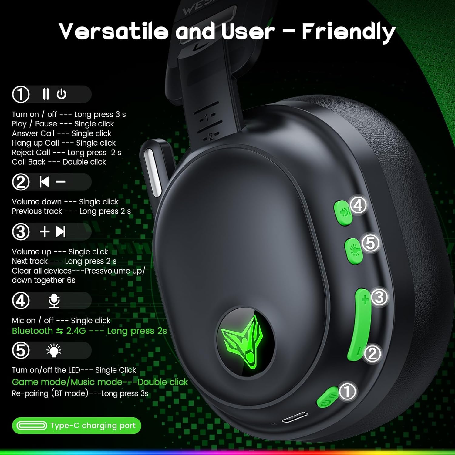 WESEARY WG3 Bluetooth Headphones, 2.4G Wireless Gaming Headset with Microphone for PS5, PS4, PC, Switch, Mac, Foldable Surround Sound Noise Cancelling with RGB Light, Over 50 Hours Battery Life