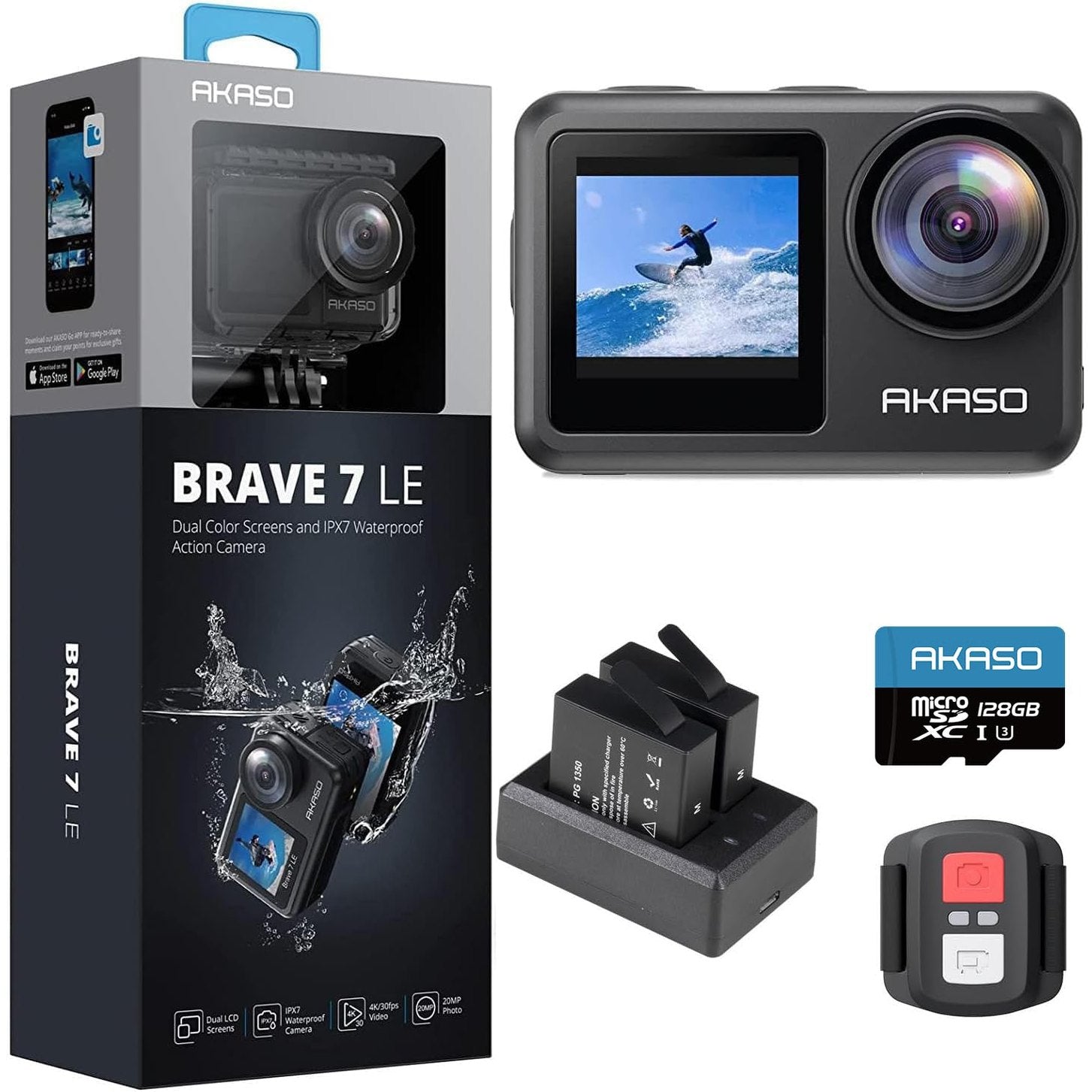 AKASO Brave 7 LE Action Camera with 256GB microSDXC Memory Card - 40M Waterproof Underwater Camera EIS 2.0 Native 4K 20MP Touch Screen WiFi Sports Camera Remote Control Vlog Camera