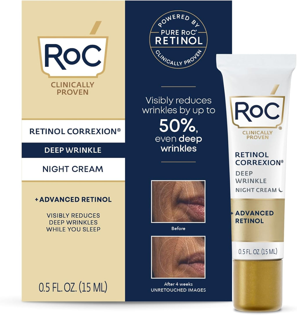RoC Retinol Correxion Deep Wrinkle Anti-Aging Night Cream, Daily Face Moisturizer with Shea Butter, Glycolic Acid and Squalane, Skin Care Treatment, Mini 0.5 Ounces (Packaging May Vary)