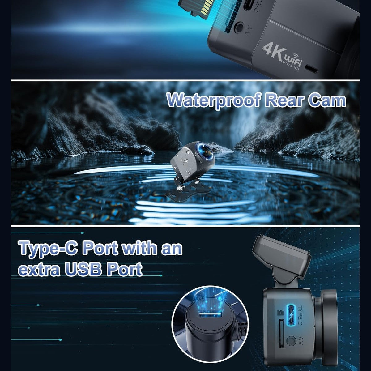 DYNACAM Dash Cam Front and Rear 4K+1080P, Dash Cam Inserted 64GB SD Card, Built-in WiFi Dash Camera for Cars, Super Night Vision Dashcam, 24H Parking Mode, G-Sensor, Loop Recording Car Camera