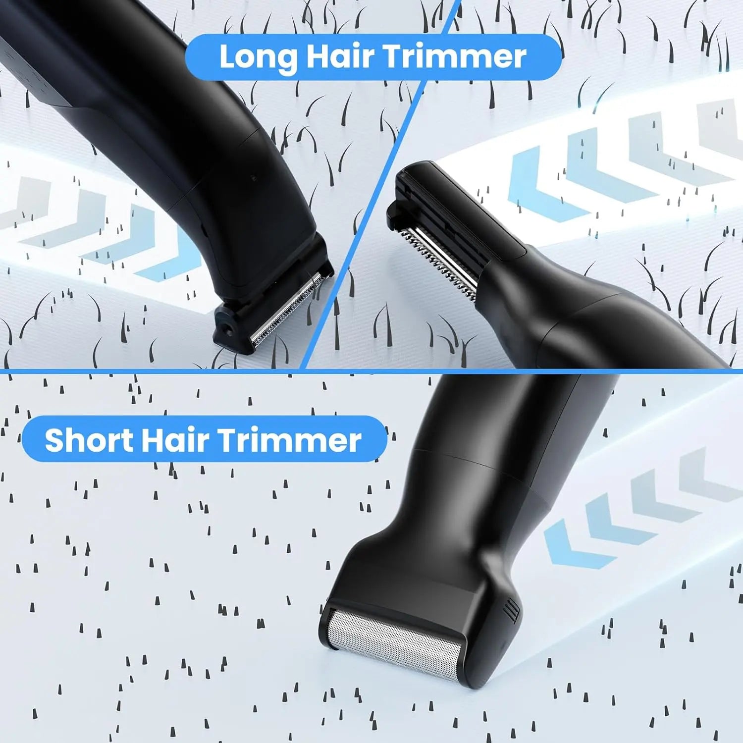 Dual-head attachment for long and short hair trimming on black body shaver