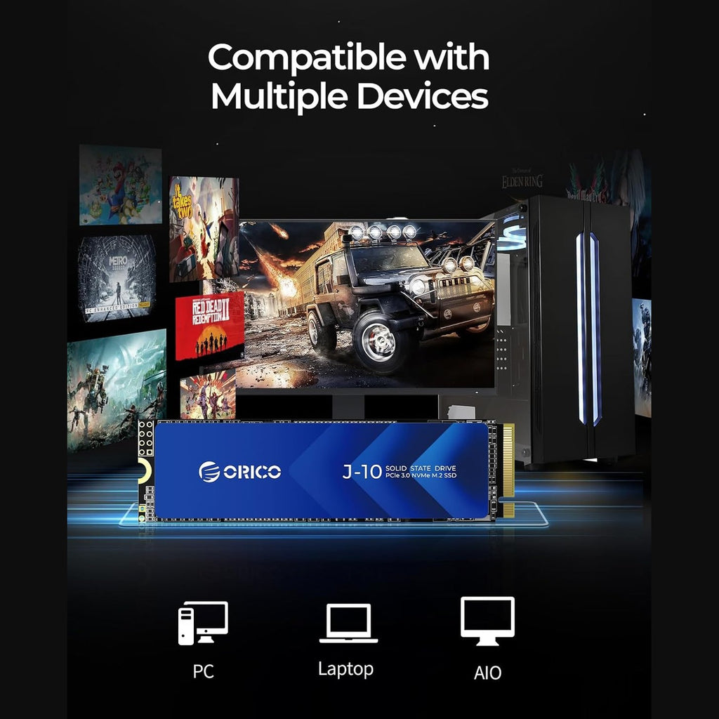 ORICO NVMe M.2 1T PCIe Gen3.0x4 2280, 3D NAND Internal SSD with Heatsink, up to 3100MB/s, Internal Solid State Drive for PC/Console Games and Video Editing-J10